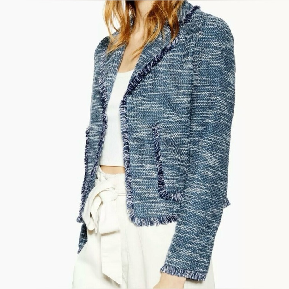 TOPSHOP women's chanel style navy fringe blazer, 6 US.